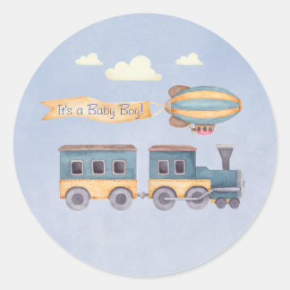 Jongen: Wooden Toys Blue Baby shower Train Ronde Sticker