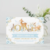 Jongen Woodland Animals Blue Gold Floral 1 septemb Kaart (Staand voorkant)