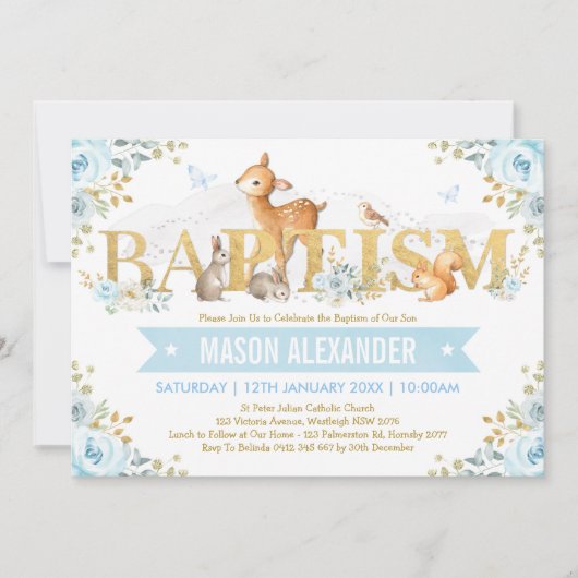 Jongen Woodland Animals Blue Gold Floral Baptism Kaart (Voorkant)