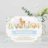 Jongen Woodland Animals Blue Gold Floral Baptism Kaart (Staand voorkant)