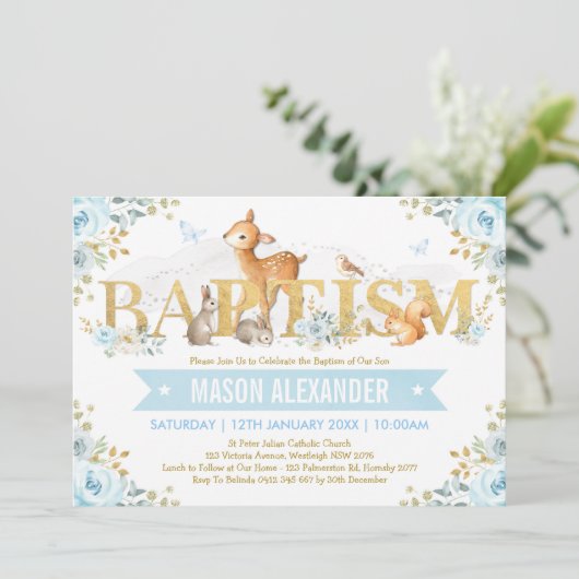 Jongen Woodland Animals Blue Gold Floral Baptism Kaart (Staand voorkant)