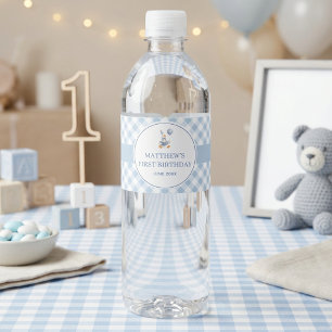 Jongen zijn 1e verjaardag Blauwe Gingham Lieve Gan Waterfles Etiket