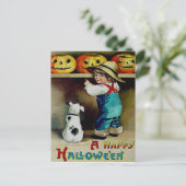 Jongen & Zijn Hond Kijkend naar Jack O' Lanterns Briefkaart (Staand voorkant)