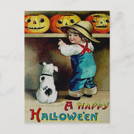 Jongen & Zijn Hond Kijkend naar Jack O' Lanterns Briefkaart (Voorkant)