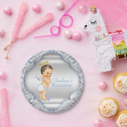 Jongen Zilveren Blauwe Engel Doop Papieren Bordje (Feest)