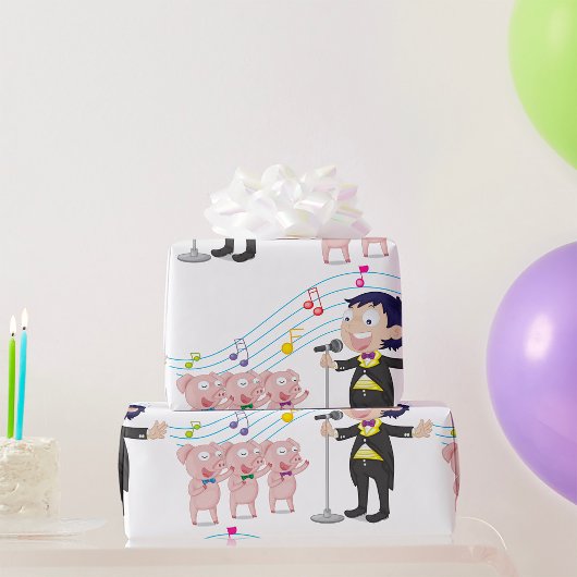 Jongen zingt met drie varkens koor cadeaupapier