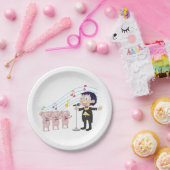 Jongen zingt met drie varkens koor papieren bordje (Feest)