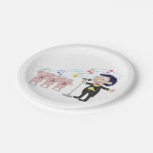 Jongen zingt met drie varkens koor papieren bordje (Gekanteld)