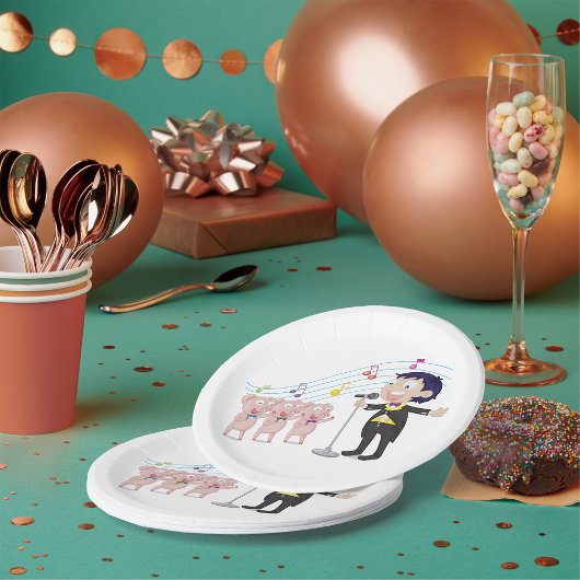 Jongen zingt met drie varkens koor papieren bordje