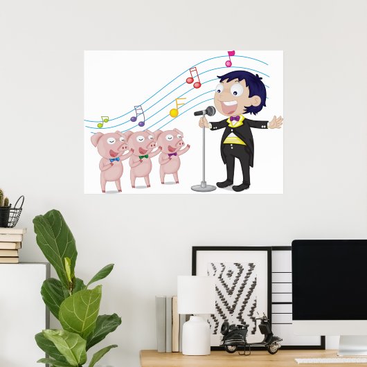 Jongen zingt met drie varkens koor poster (Thuiskantoor)