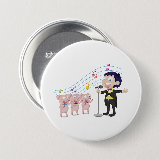 Jongen zingt met drie varkens koor ronde button 7,6 cm (Voorkant /achterkant)