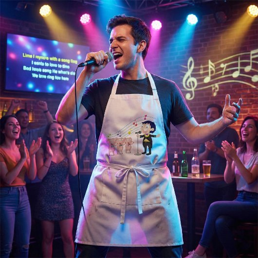 Jongen zingt met drie varkens koor standaard schort