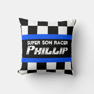 Jongen zoon racer blauw geruite vlag naam kussen