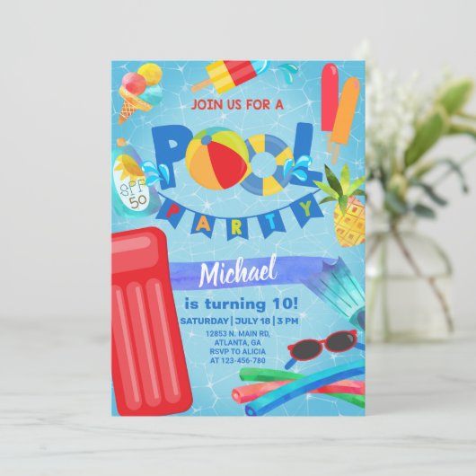 Jongen zwembad-feestdag uitnodiging, pooluitnodigi kaart (Staand voorkant)