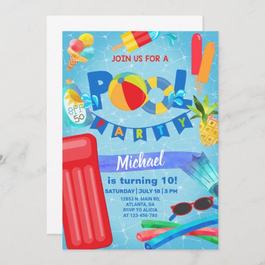 Jongen zwembad-feestdag uitnodiging, pooluitnodigi kaart (Voorkant / Achterkant)
