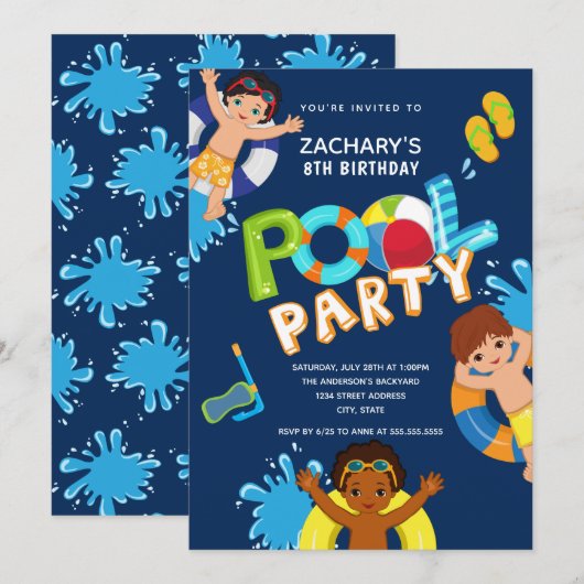 Jongen Zwembad Party 8e Verjaardag Kaart (Voorkant / Achterkant)