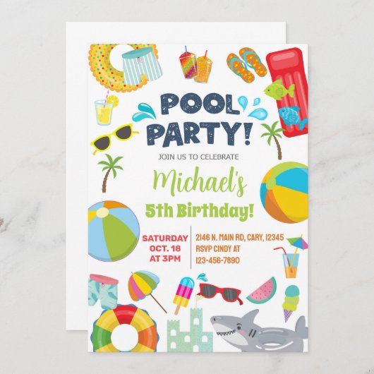 Jongen zwembad party uitnodiging, zwembad verjaard kaart (Voorkant / Achterkant)