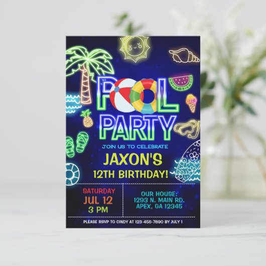 Jongen Zwembad Verjaardags Bash, neon gloed zwemba Kaart (Staand voorkant)