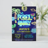 Jongen zwembad verjaardagsfeest, neon glow zwembad kaart (Staand voorkant)