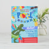 Jongen zwembadfeest uitnodiging, dinosaurus. kaart (Staand voorkant)