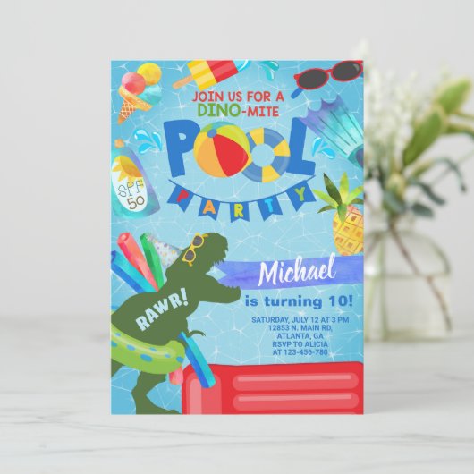 Jongen zwembadfeest uitnodiging, dinosaurus. kaart (Staand voorkant)