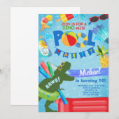 Jongen zwembadfeest uitnodiging, dinosaurus. kaart (Voorkant / Achterkant)