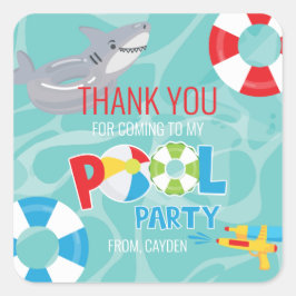 Jongen zwembadfeest verjaardag haai dank je favori vierkante sticker