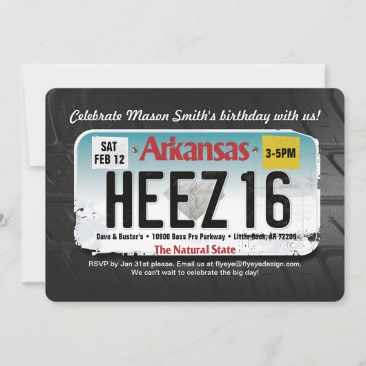 Jongen's 16e verjaardag Arkansas License Invitatio Kaart (Voorkant)