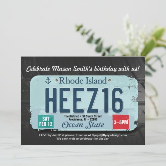 Jongens 16e verjaardag RI-licentie uitnodiging (Staand voorkant)