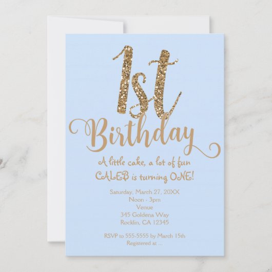 Jongens 1E VERJAARDAG 1 Blauw & Goud Uitnodigingen (Voorkant)