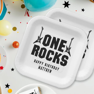 Jongens 1e Verjaardag Black and White One Rocks Pa Papieren Bordje
