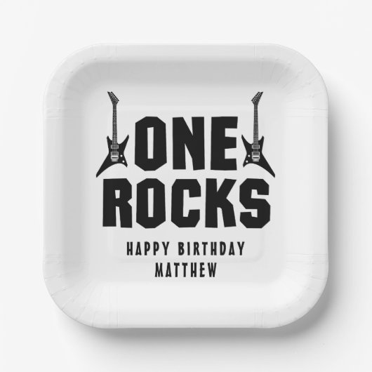 Jongens 1e Verjaardag Black and White One Rocks Pa Papieren Bordje (Voorkant)