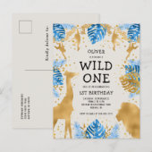 Jongens 1e verjaardag Blauwe Ecru Safari Uitnodiging Briefkaart (Voorkant / Achterkant)