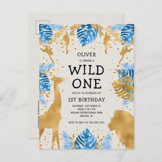 Jongens 1e verjaardag Blauwe Ecru Safari Uitnodiging Briefkaart (Voorkant / Achterkant)