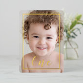 Jongens 1e verjaardag Foto & Gold Border Folie Uitnodiging (Staand Voorkant)