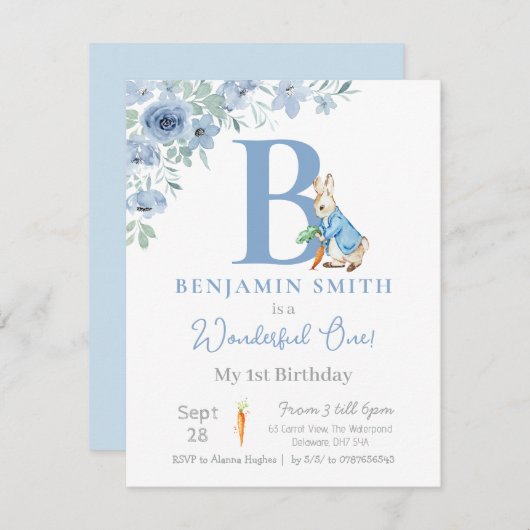 Jongens 1e Verjaardag Peter Konijn Uitnodiging (Voorkant / Achterkant)