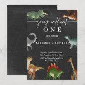 Jongen's 1e verjaardag uitnodiging schattig dinosa (Voorkant / Achterkant)