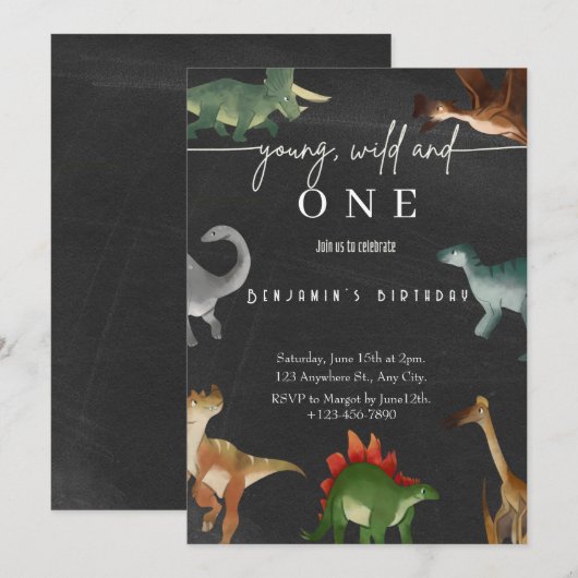 Jongen's 1e verjaardag uitnodiging schattig dinosa (Voorkant / Achterkant)