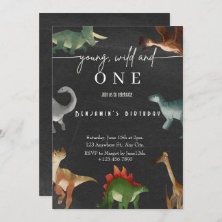 Jongen's 1e verjaardag uitnodiging schattig dinosa