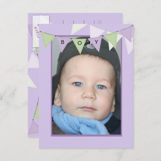 Jongen's 1e verjaardagsfeestje Banner Fotouitnodig Uitnodiging Briefkaart (Voorkant / Achterkant)