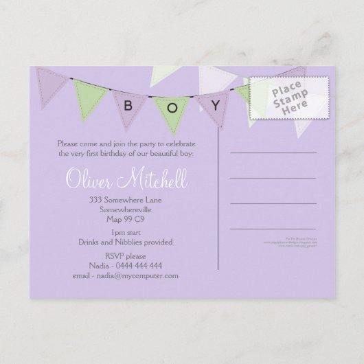 Jongen's 1e verjaardagsfeestje Banner Fotouitnodig Uitnodiging Briefkaart (Achterkant)