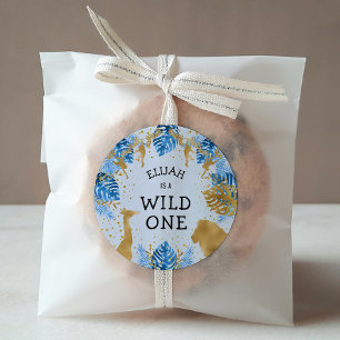 Jongens 1e verjaardagsfeestje Blauwe Jungle Safari Ronde Sticker