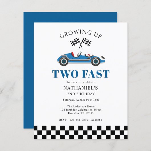 Jongen's 2e Verjaardag Racing Auto Budget Uitnodig (Voorkant / Achterkant)