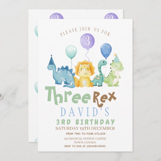 Jongens 3e Dino Verjaardagsfeest Kaart (Voorkant / Achterkant)