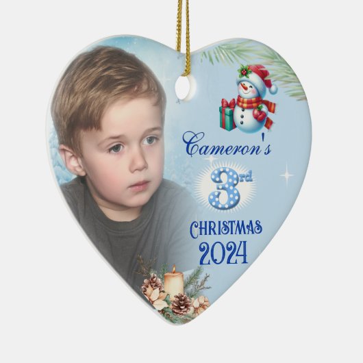Jongens 3e Kerst Gepersonaliseerde Foto Hart Keramisch Ornament (Rechts)
