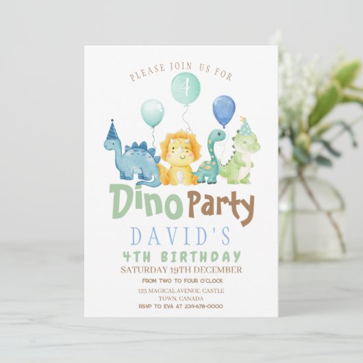 Jongens 4e Dino Verjaardag Uitnodiging (Staand voorkant)