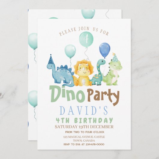 Jongens 4e Dino Verjaardag Uitnodiging (Voorkant / Achterkant)