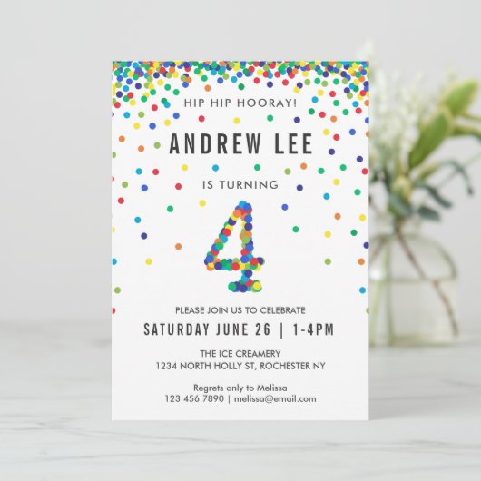 Jongens 4e verjaardag, eerste kleuren-Confetti Kaart (Staand voorkant)