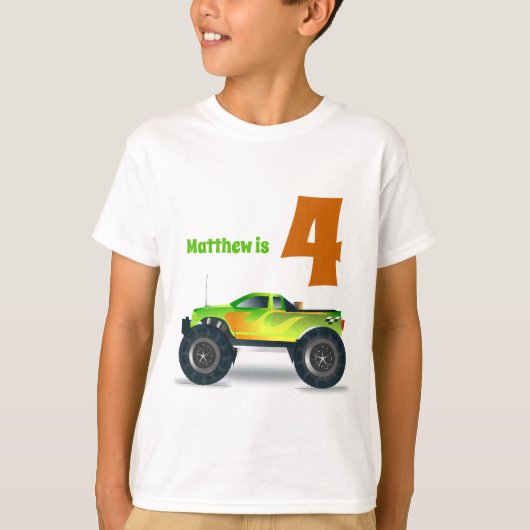 Jongens 4e Verjaardag MONSTER TRUCK Naam toevoegen T-shirt (Voorkant)