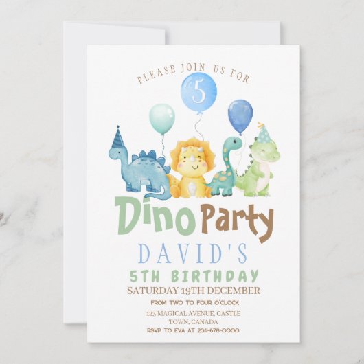 Jongens 5e Dino Verjaardag Uitnodiging (Voorkant)